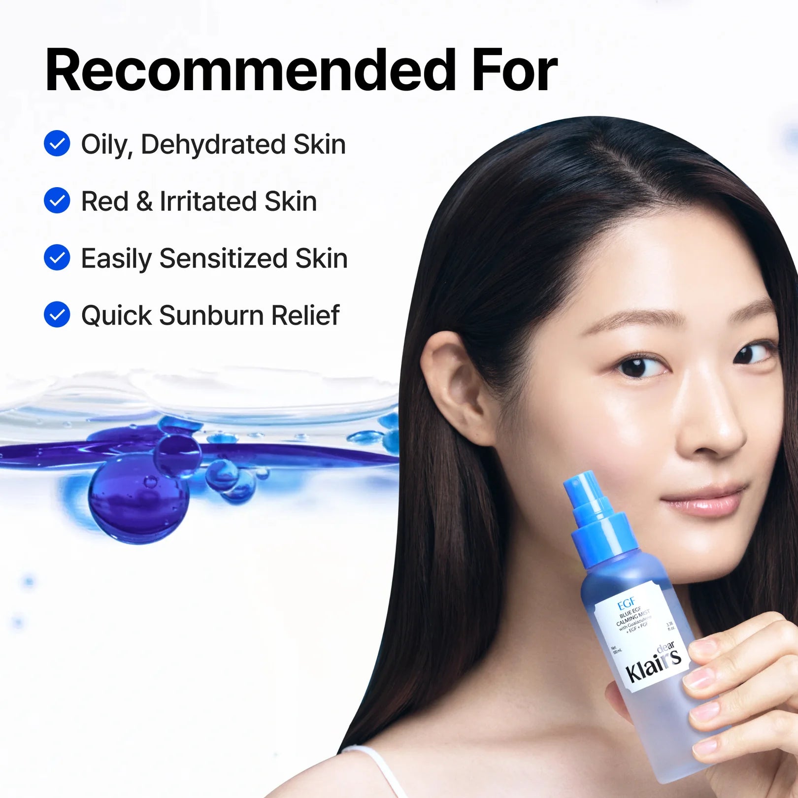Dear Klairs Blue EGF Calming Mist bi-phase formula – 9.3:0.7 water-to-oil shake before use blue Guaiazulene cooling instant refresh