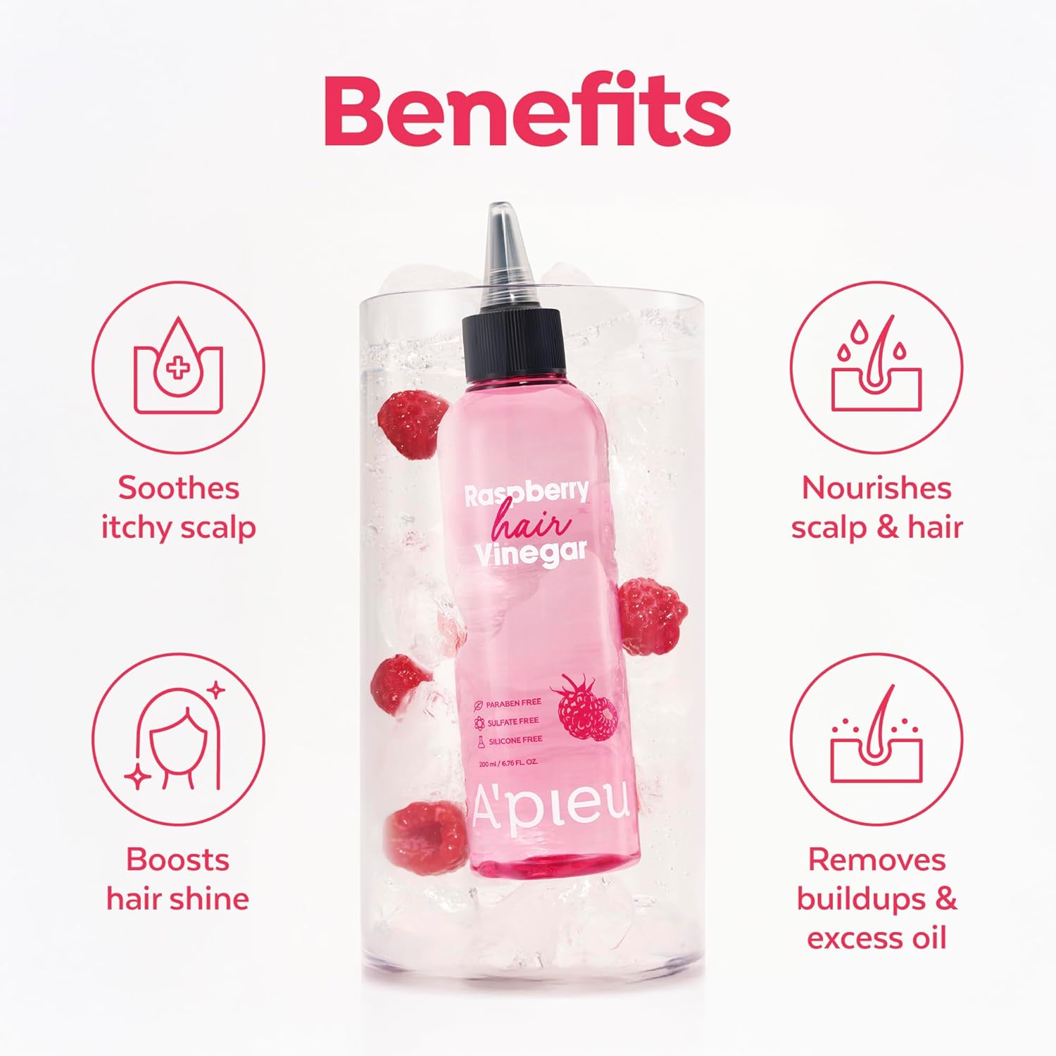 A'PIEU Raspberry Hair Vinegar benefits – pH balancing seals cuticle frizz control shine neutralizes odor all hair types Korean haircare