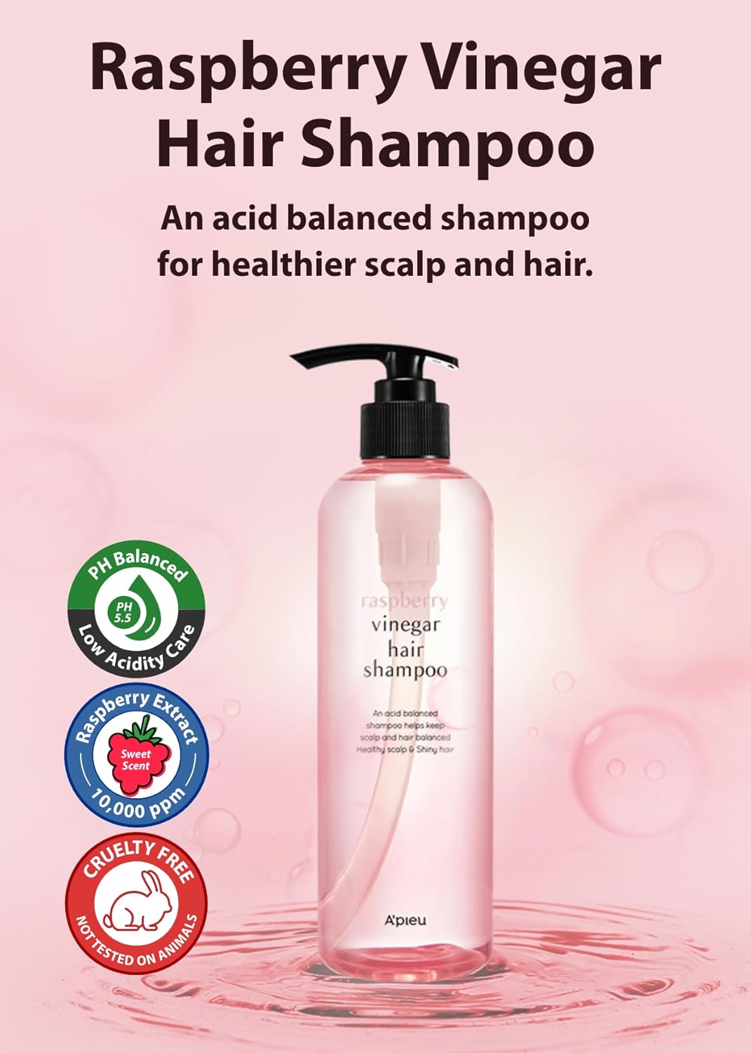 A'PIEU Raspberry Vinegar Hair Shampoo 500ml $20 – vegan has fragrance contains SLES Korean pH balancing haircare Olive Kollection