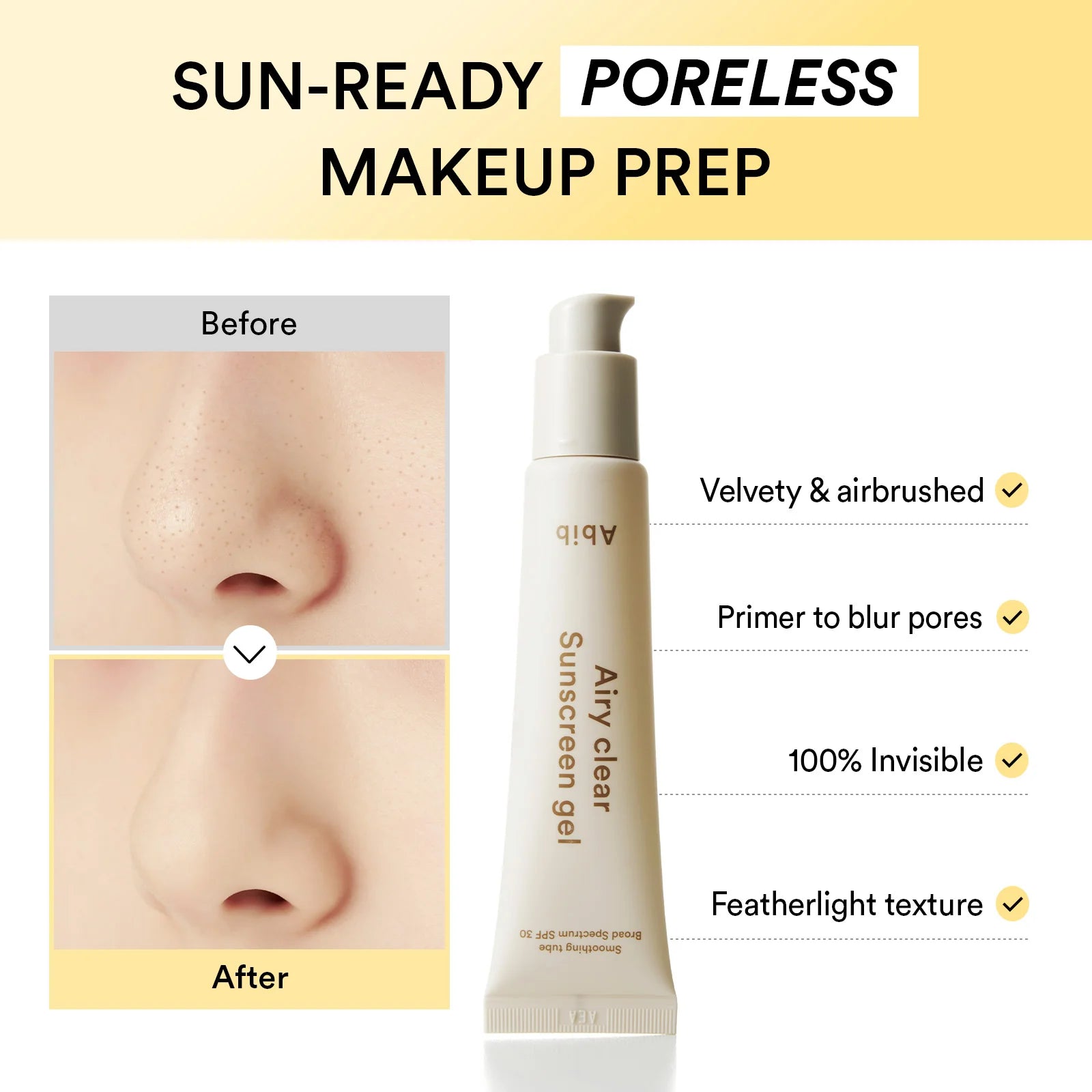 Abib Sunscreen Gel before after – pores minimized smooth even skin tone Korean primer sunscreen gel