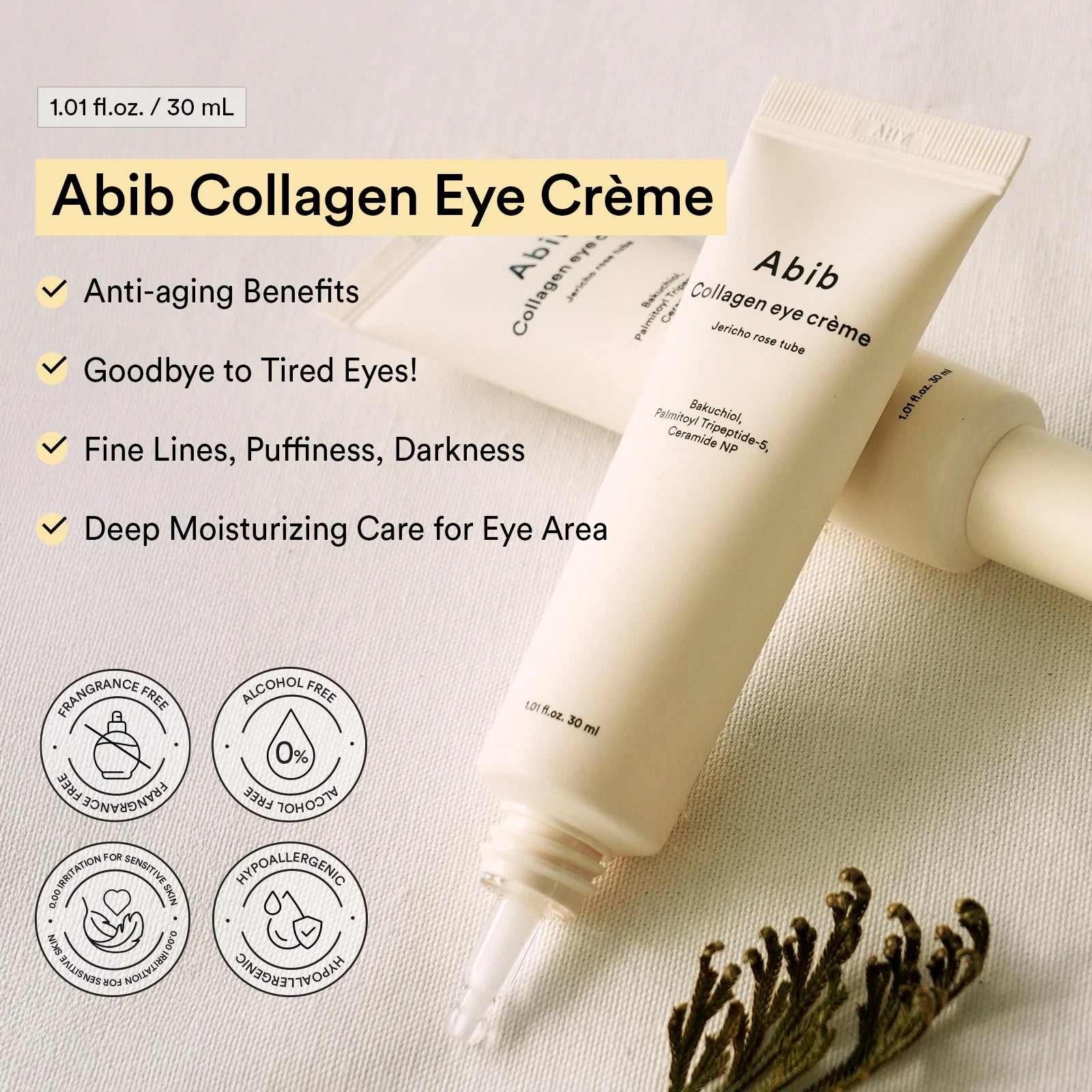 Abib Collagen Eye Cream Jericho Rose 10005ppm – resurrection plant hydration barrier moisture retention dark circles fine lines