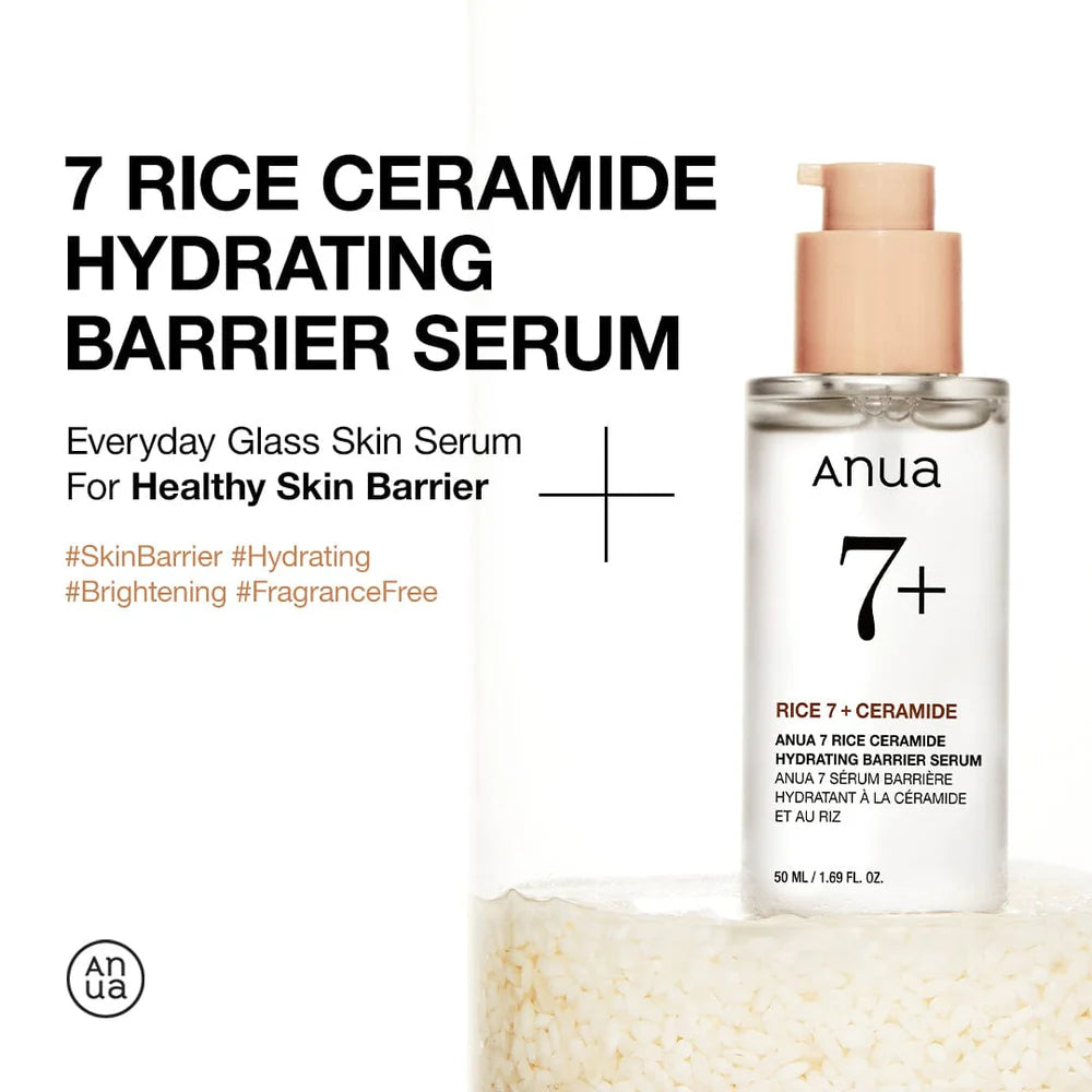 Anua 7 Rice Ceramide Serum RICERA – 7 rice ingredients Ceramide NP Rice Bran Water base deep hydration barrier nourish brighten proprietary