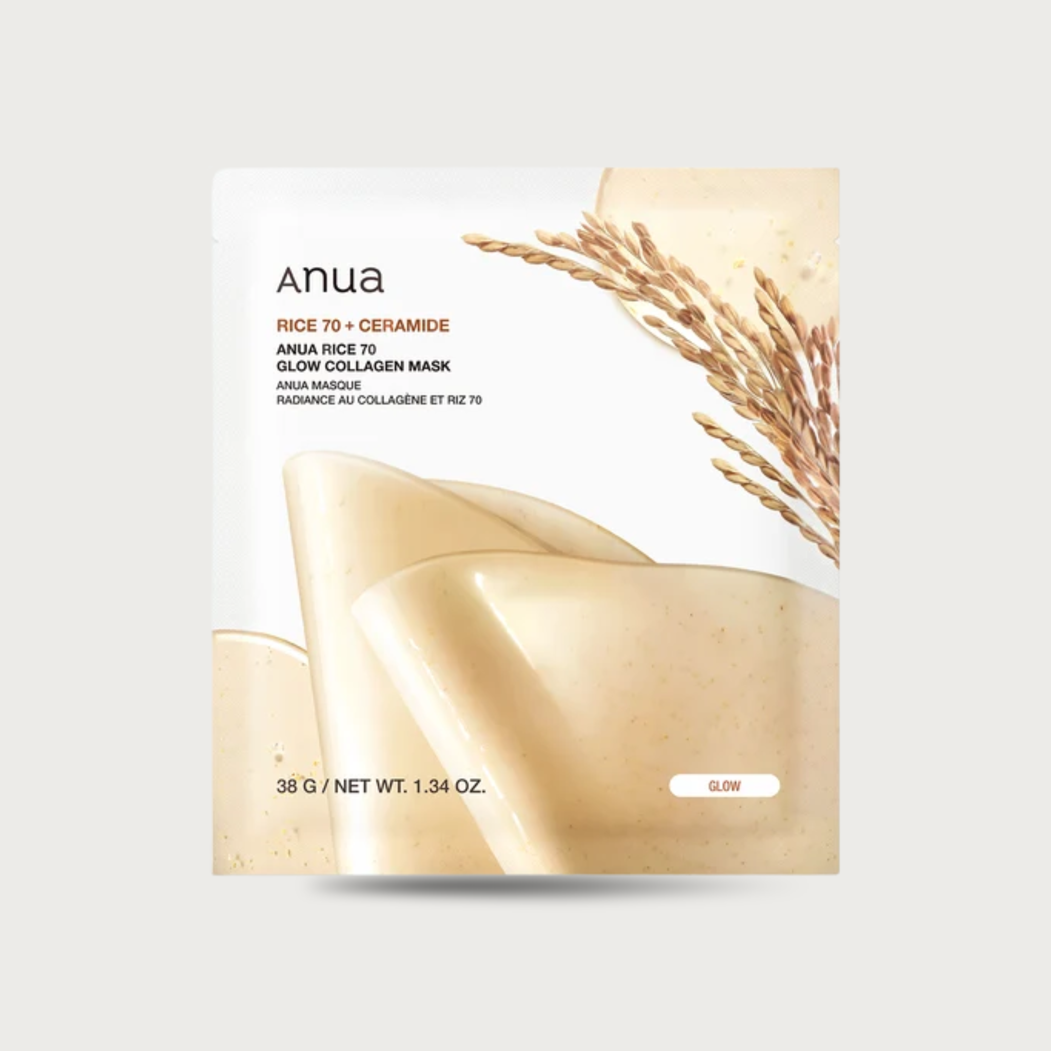 Anua Rice 70 Glow Collagen Mask 38g – Korean hydrogel sheet mask Rice Water+™ 70% 300Da collagen ceramide 8 HA fragrance-free $5.25