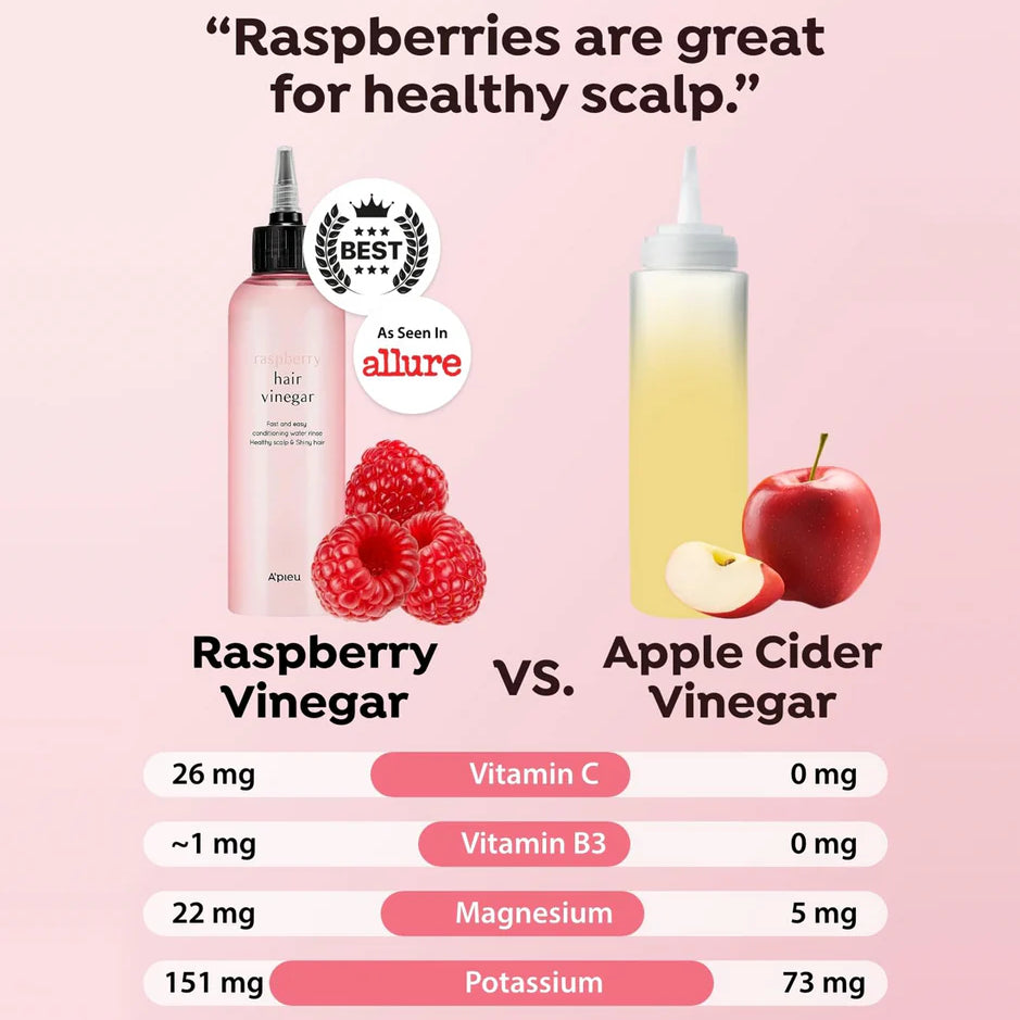 A'PIEU Raspberry Hair Vinegar rinse-out – apply after shampoo scalp to ends massage 1-2 min rinse lukewarm water cuticle seal shine