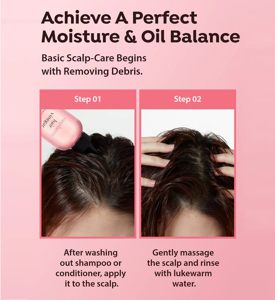 A'PIEU Raspberry Hair Vinegar key ingredients – vinegar raspberry extract raspberry seed oil phytokeratin 3 proteins lavender tea tree rosemary