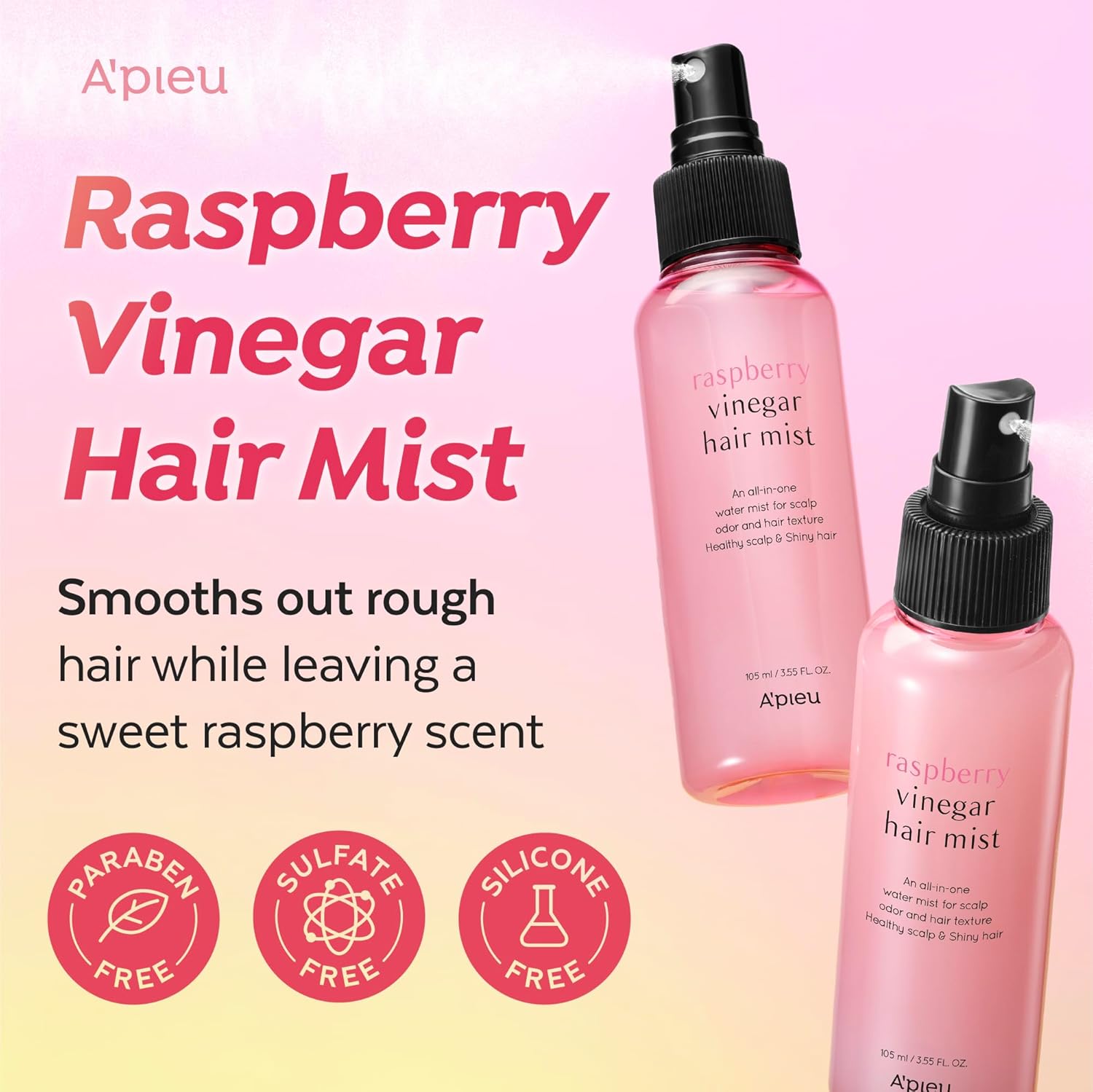 A'PIEU Raspberry Vinegar Hair Mist spray – 10-15cm distance dry towel-dried hair scalp no rinse frizz static control shine K-beauty