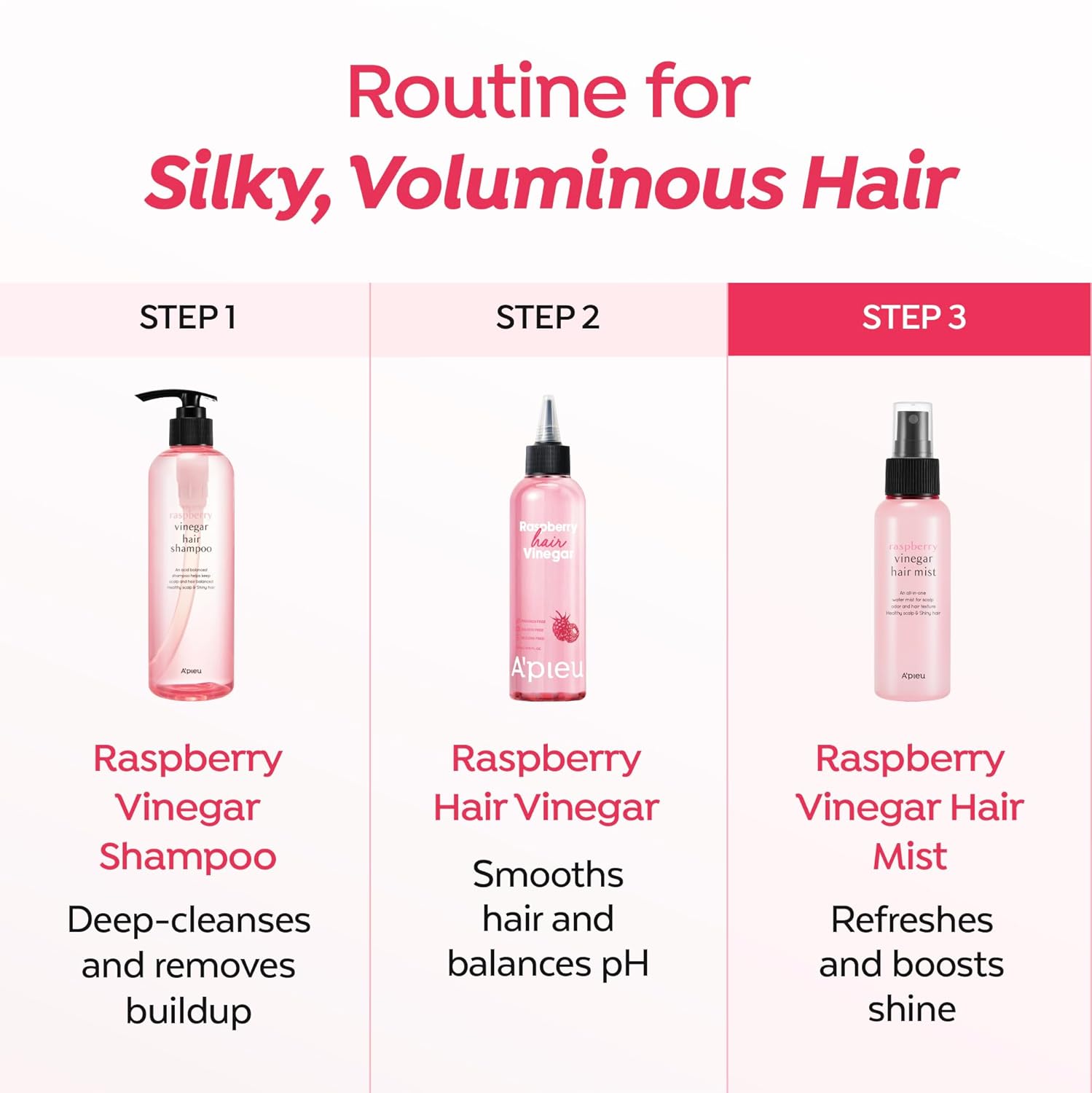 A'PIEU Raspberry Vinegar Mist key ingredients – vinegar 10,000ppm raspberry 20,000ppm phytokeratin hibiscus pomegranate rosemary lavender