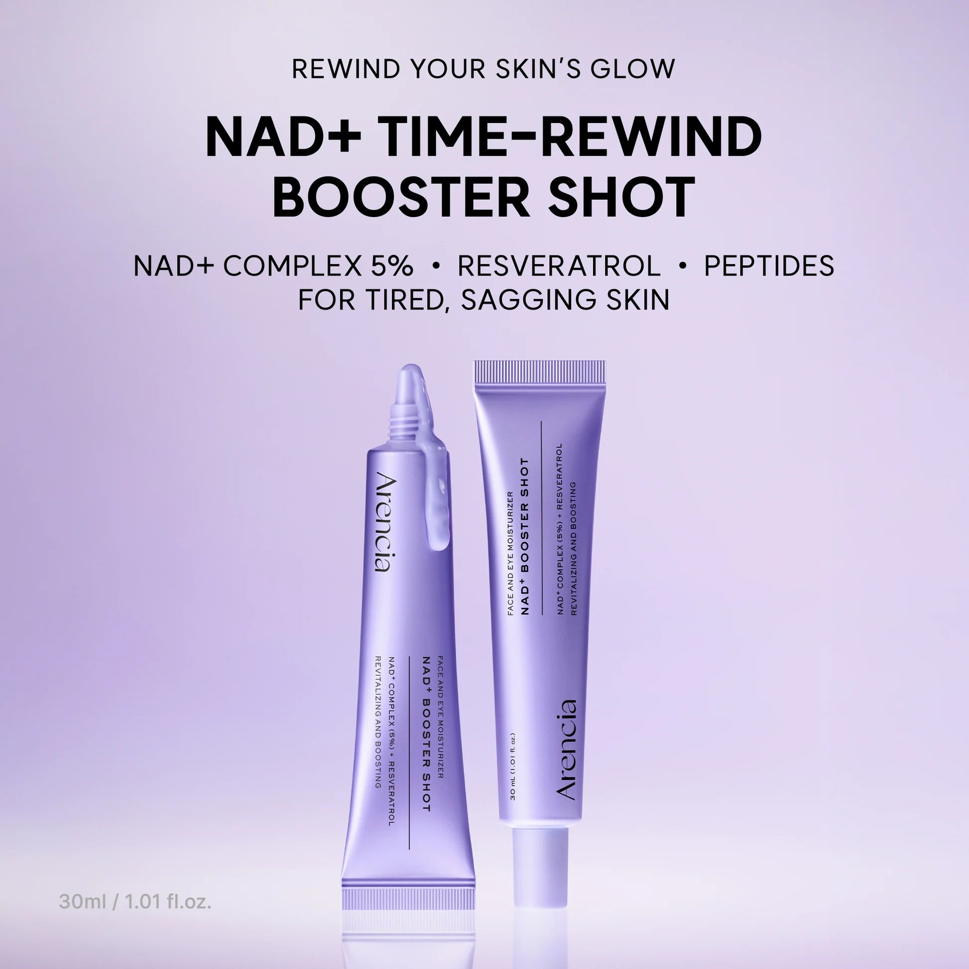 Arencia NAD+ Booster Shot texture – lightweight nourishing cream-serum absorbs AM PM tired dull skin firming revitalizing