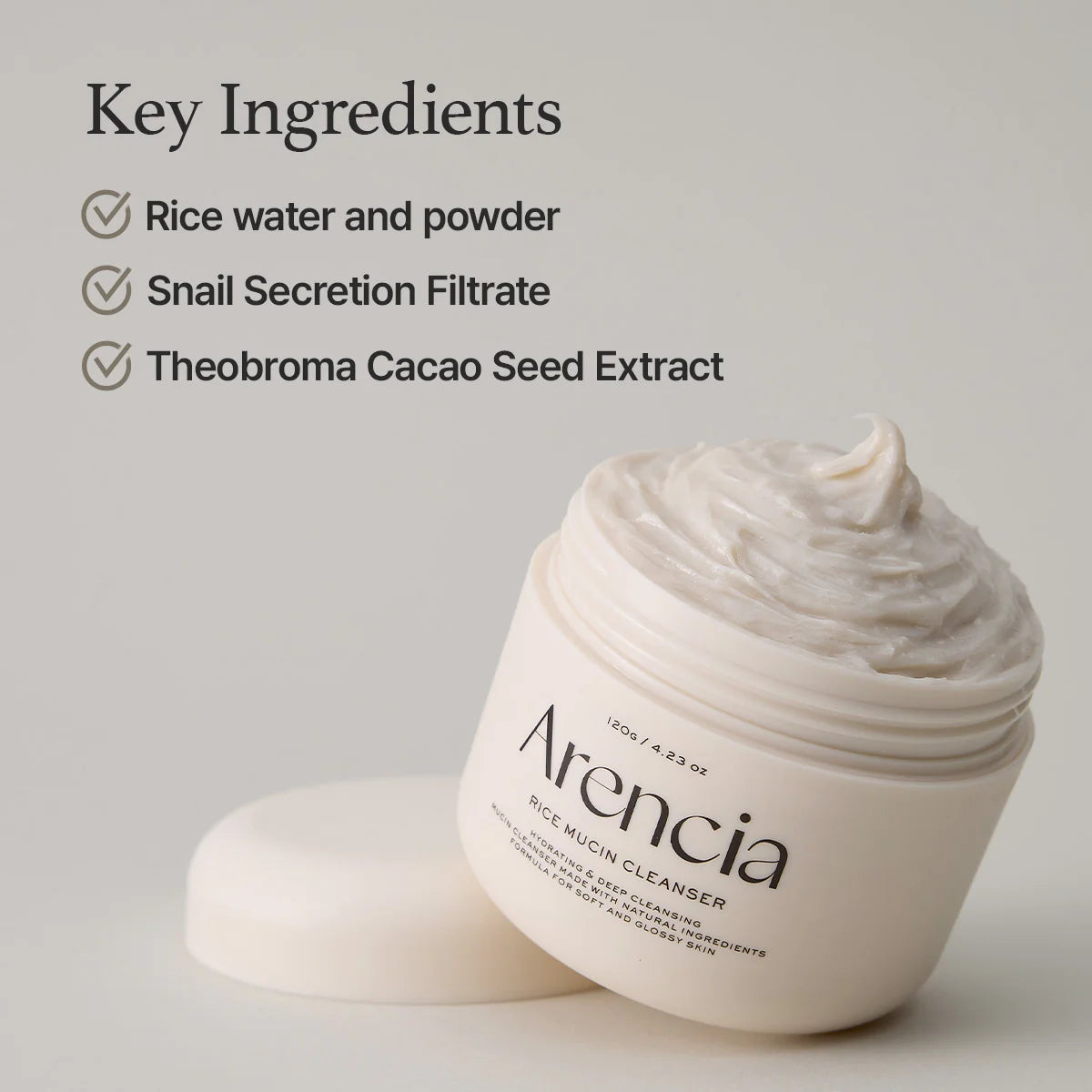 Arencia Rice Mucin Cleanser key ingredients – 10000ppm rice powder snail secretion filtrate cacao extract brightening