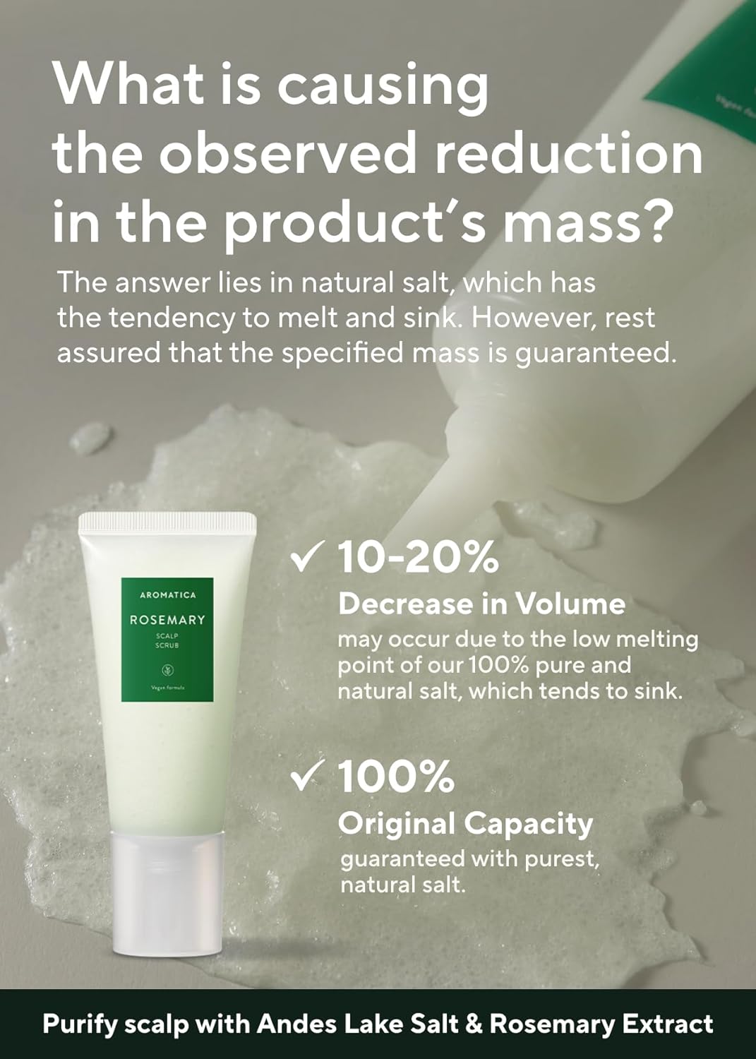 Aromatica Scalp Scrub Andes Lake Salt – 3700m altitude mineral-rich low melting point dissolves gentle non-scratchy scalp exfoliation