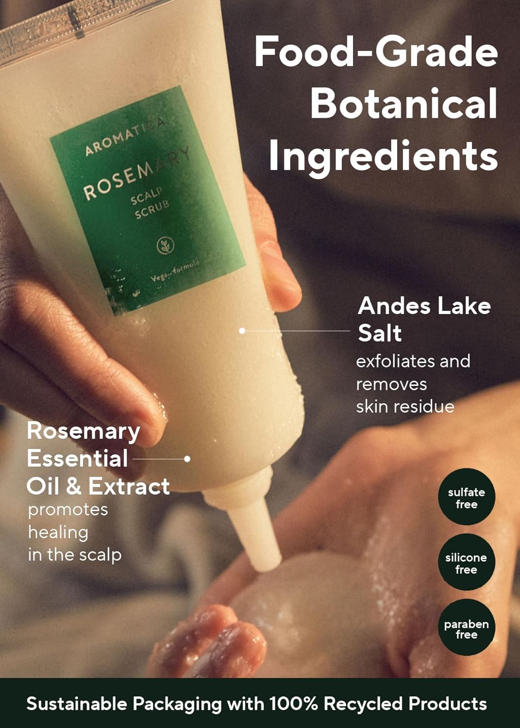 Aromatica Rosemary Scalp Scrub on scalp – remove buildup dead cells sebum pores clean healthy hair growth all hair types sulfate-free