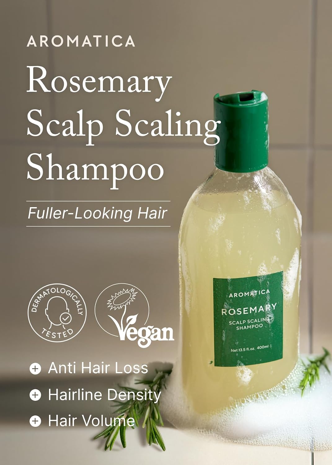 Aromatica Rosemary Shampoo bottle – Salicylic Acid scalp exfoliant Bifida Lactobacillus probiotic coconut-derived 25 reviews 4.8 stars