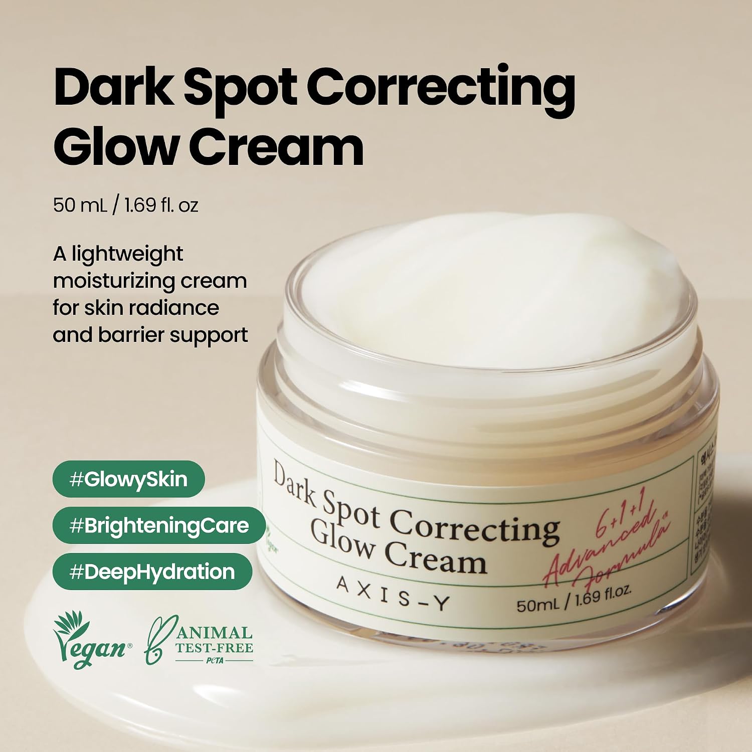 Axis-Y Glow Cream brightening core – Alpha-Arbutin 2% tyrosinase inhibit Niacinamide 5% melanin transfer block Glutathione Vitamin C 4 pathways