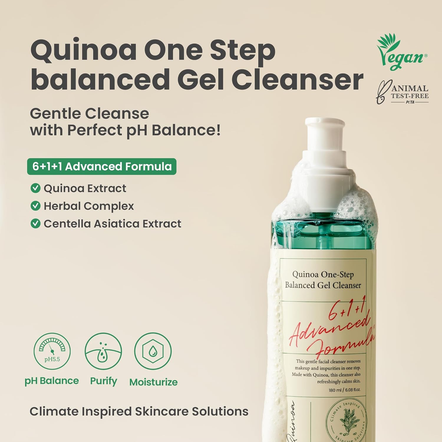 Axis-Y Quinoa Gel Cleanser ingredients – tea tree holy basil hops calendula centella green tea sweet almond allantoin