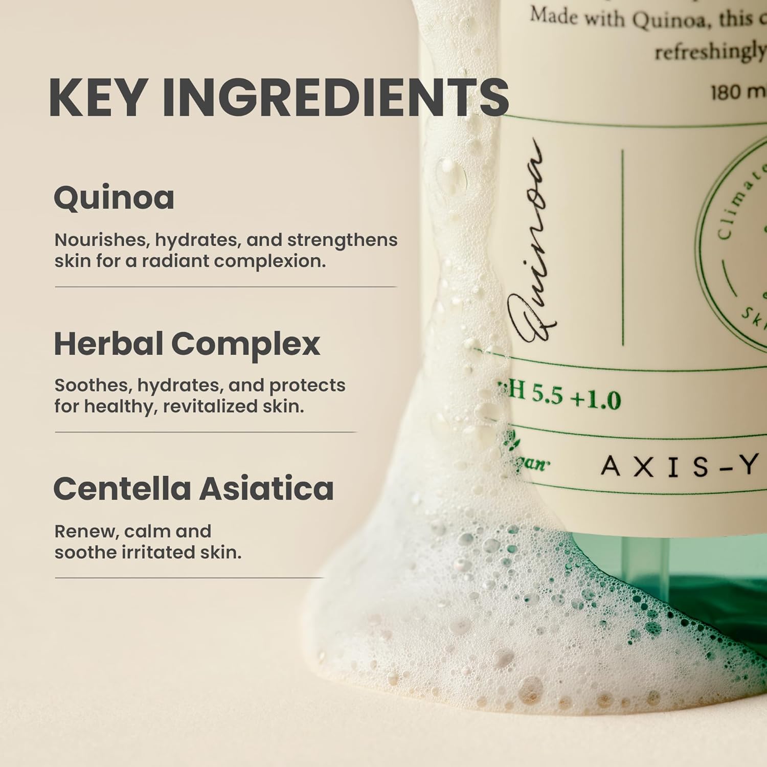 Axis-Y Quinoa Gel Cleanser on skin – no redness gentle winter skin comfortable pH-balanced cold climate sensitive skin
