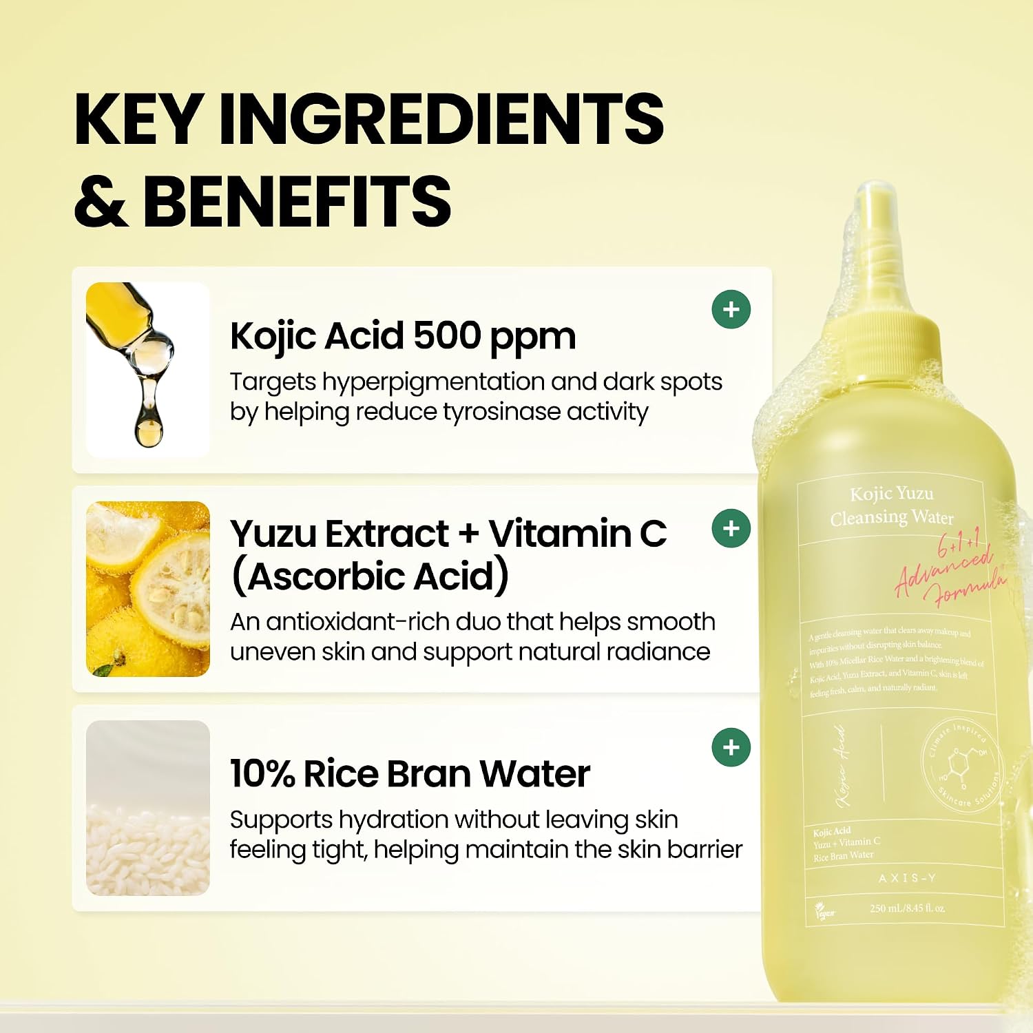 Axis-Y Cleansing Water micellar technology – microscopic spheres lift makeup sunscreen 98% removal no friction Korean