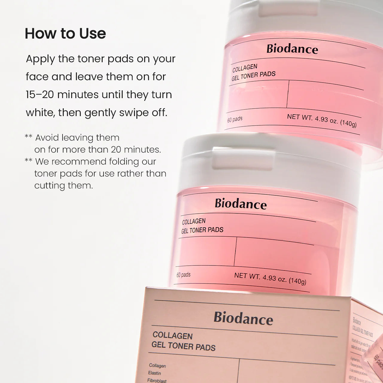 Biodance Collagen Gel Toner Pads two ways to use – swipe full face toning step press targeted areas 3-5 min hold 30 seconds curved areas