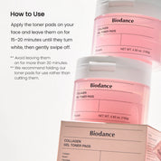 Biodance Collagen Gel Toner Pads two ways to use – swipe full face toning step press targeted areas 3-5 min hold 30 seconds curved areas