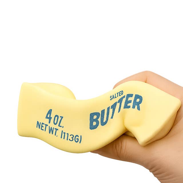 Butter Squishy Toy 14cm size – fits in hand comfortably desk display novelty gift kawaii food-shaped squishy impulse buy