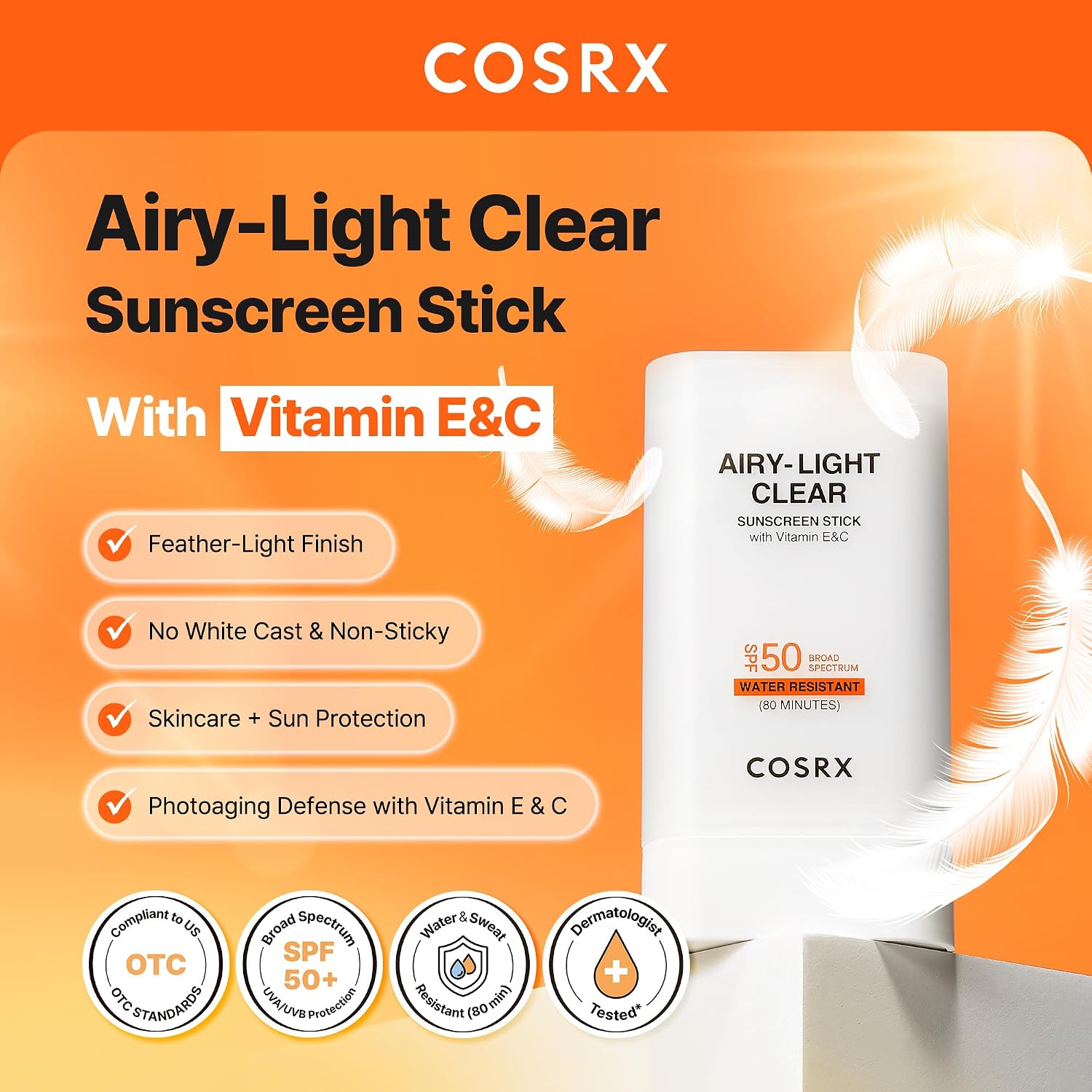 COSRX Airy-Light Sunscreen Stick chemical filters – Homosalate Octocrylene Avobenzone Ethylhexyl Salicylate clear transparent all skin tones