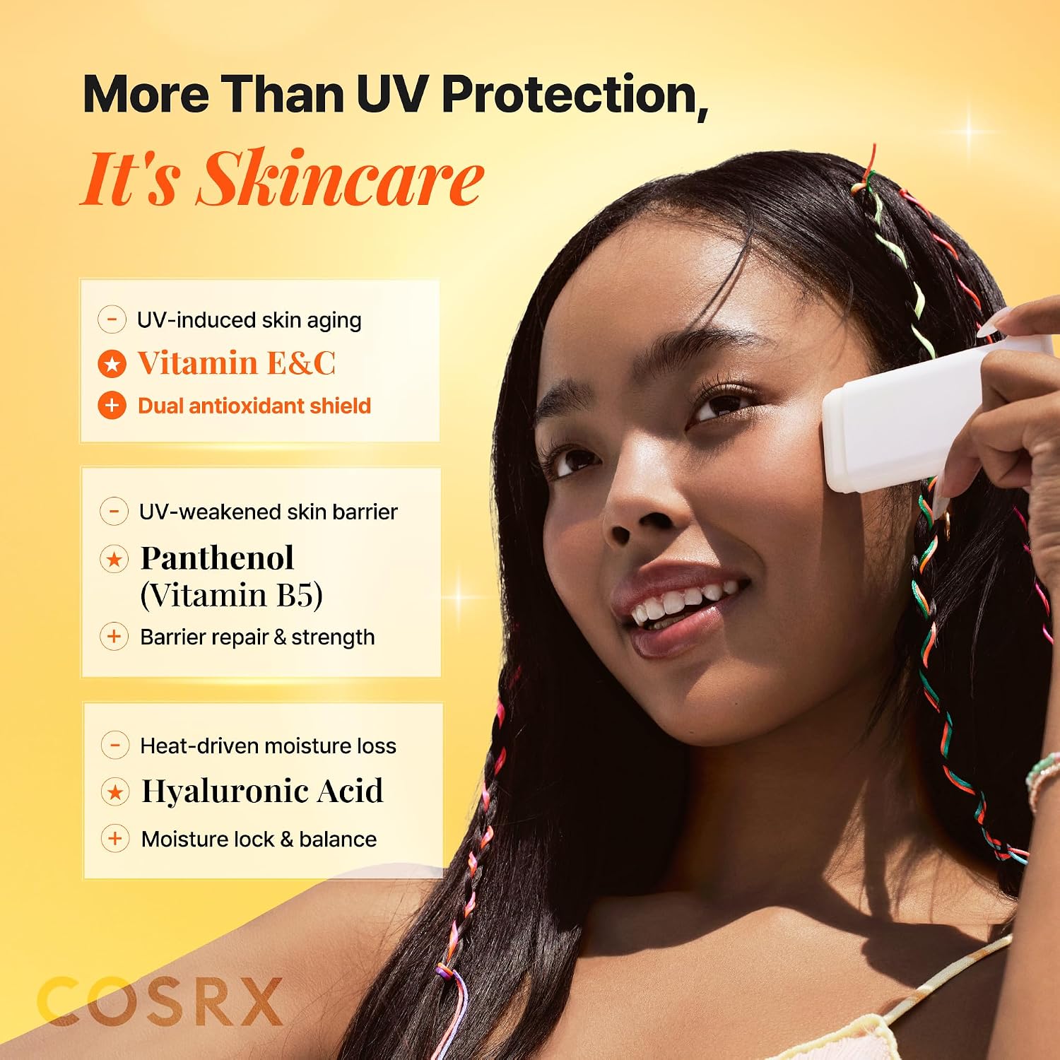 COSRX Airy-Light Sunscreen Stick Panthenol HA – Sodium Hyaluronate Vitamin E soothe hydrate post-sun no dry tight feeling chemical SPF