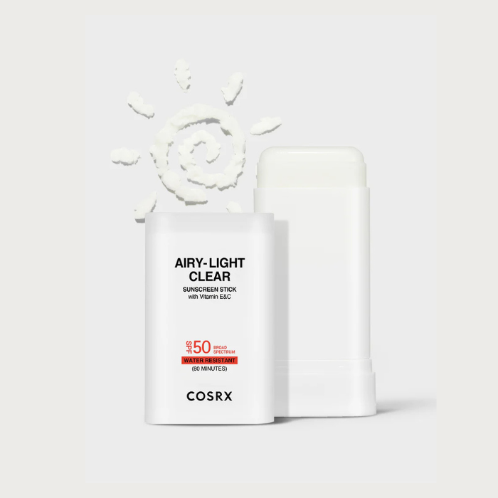 COSRX Airy-Light Clear Sunscreen Stick – Korean sunscreen stick no white cast chemical filters Vitamin C Panthenol HA fragrance-free