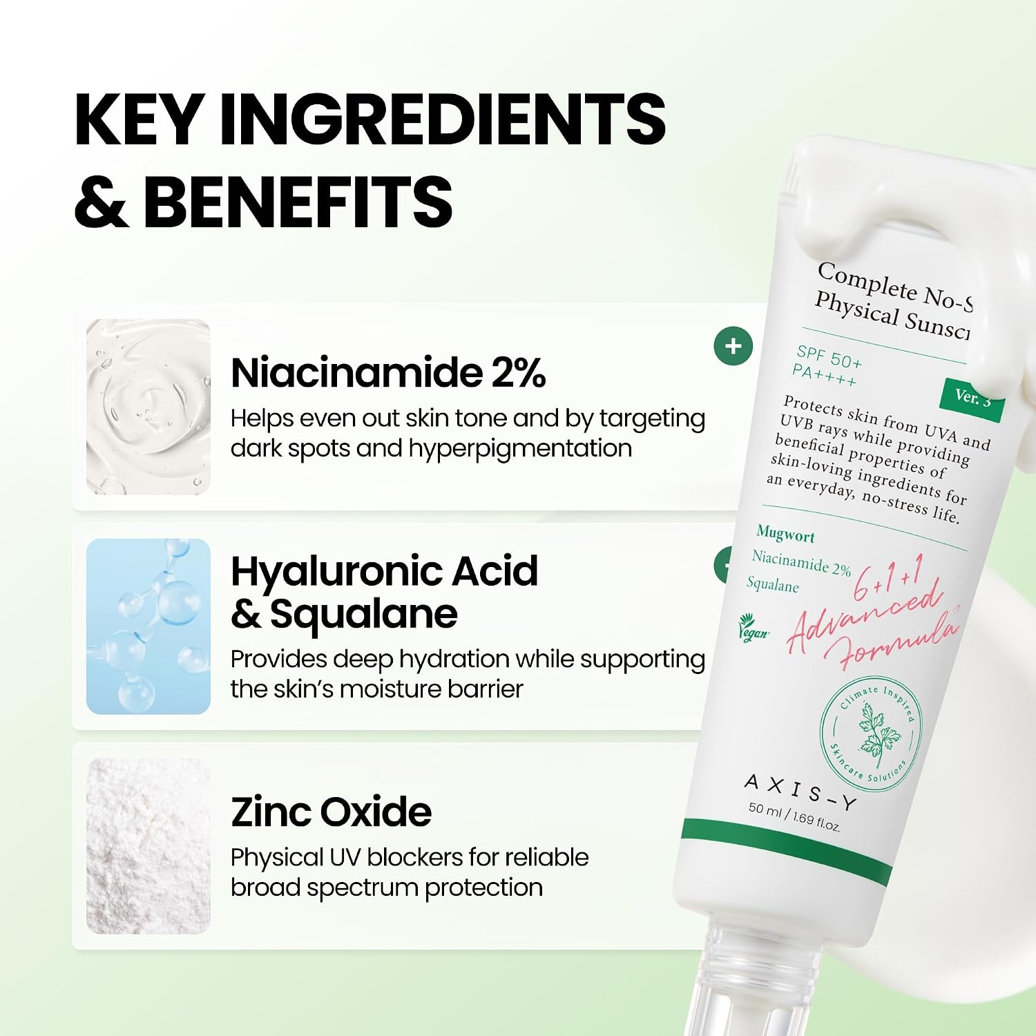 AXIS-Y No-Stress Sunscreen Mugwort Squalane – Artemisia Capillaris anti-inflammatory antioxidant Calendula Green Tea Chamomile Grape 6-botanical