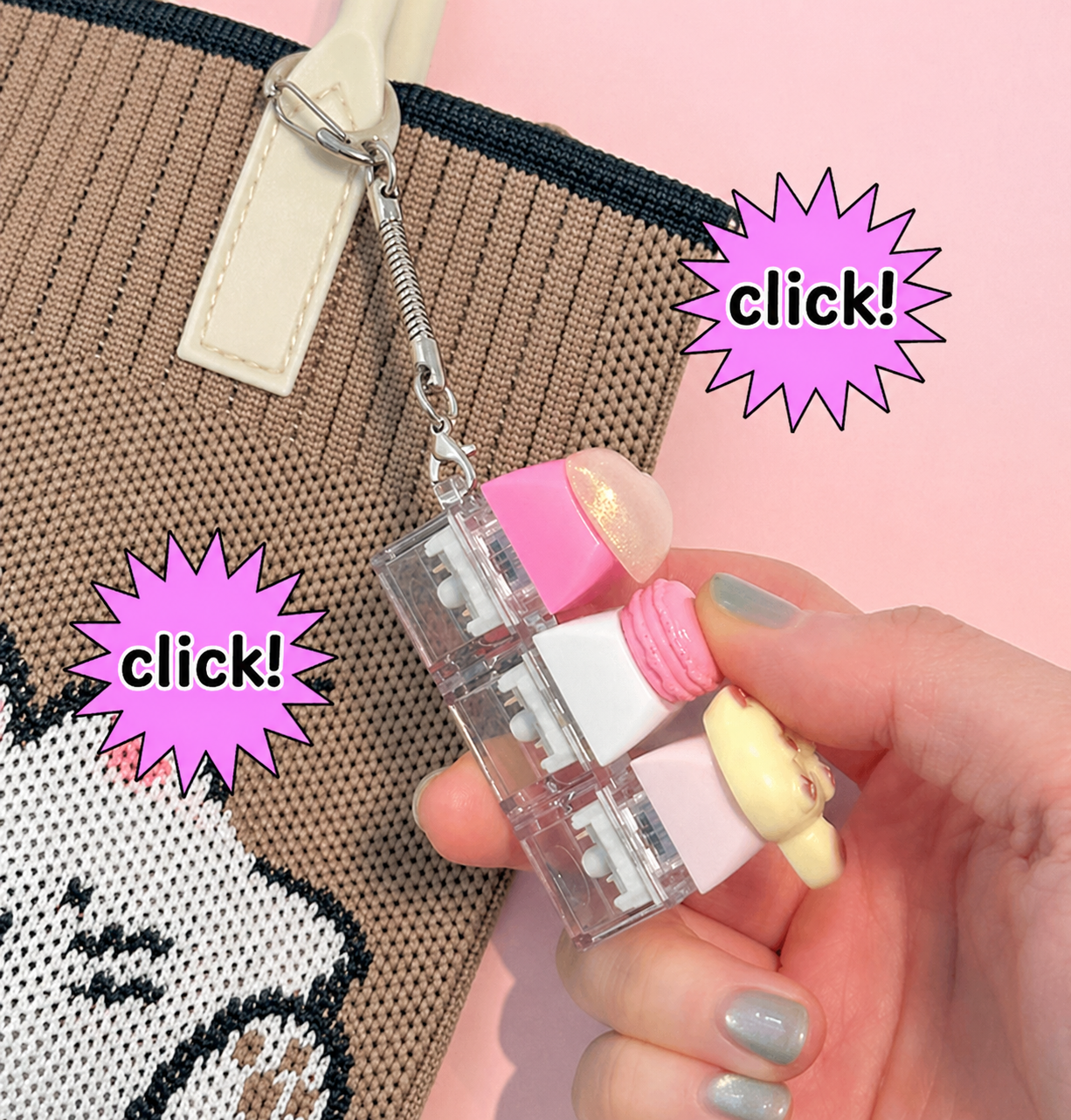DIY Keyboard Keychain Kit contents – 3-key base 6 keycaps 6 charm parts 3 clear keycaps double-sided tape included