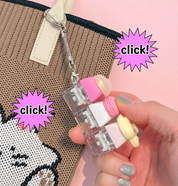 DIY Keyboard Keychain Kit contents – 3-key base 6 keycaps 6 charm parts 3 clear keycaps double-sided tape included