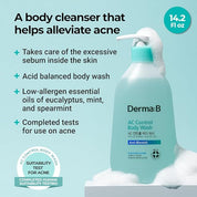 Derma B Body Wash 8 HA types – hydrates while exfoliating pH-balanced mildly acidic body acne care Korean vegan