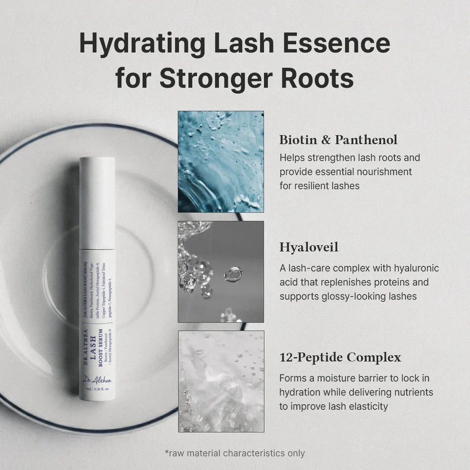 Dr. Althea Lash Boost Serum key ingredients – biotin panthenol 12-peptide complex Hyaloveil HA Moist Retention System lash fiber reinforce