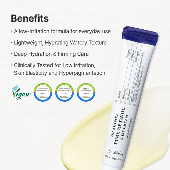 Dr. Althea Retinol 0.15% Cream Retinol Bakuchiol – cell renewal fine lines texture firming plant retinol fewer side effects beginners start 2-3x week