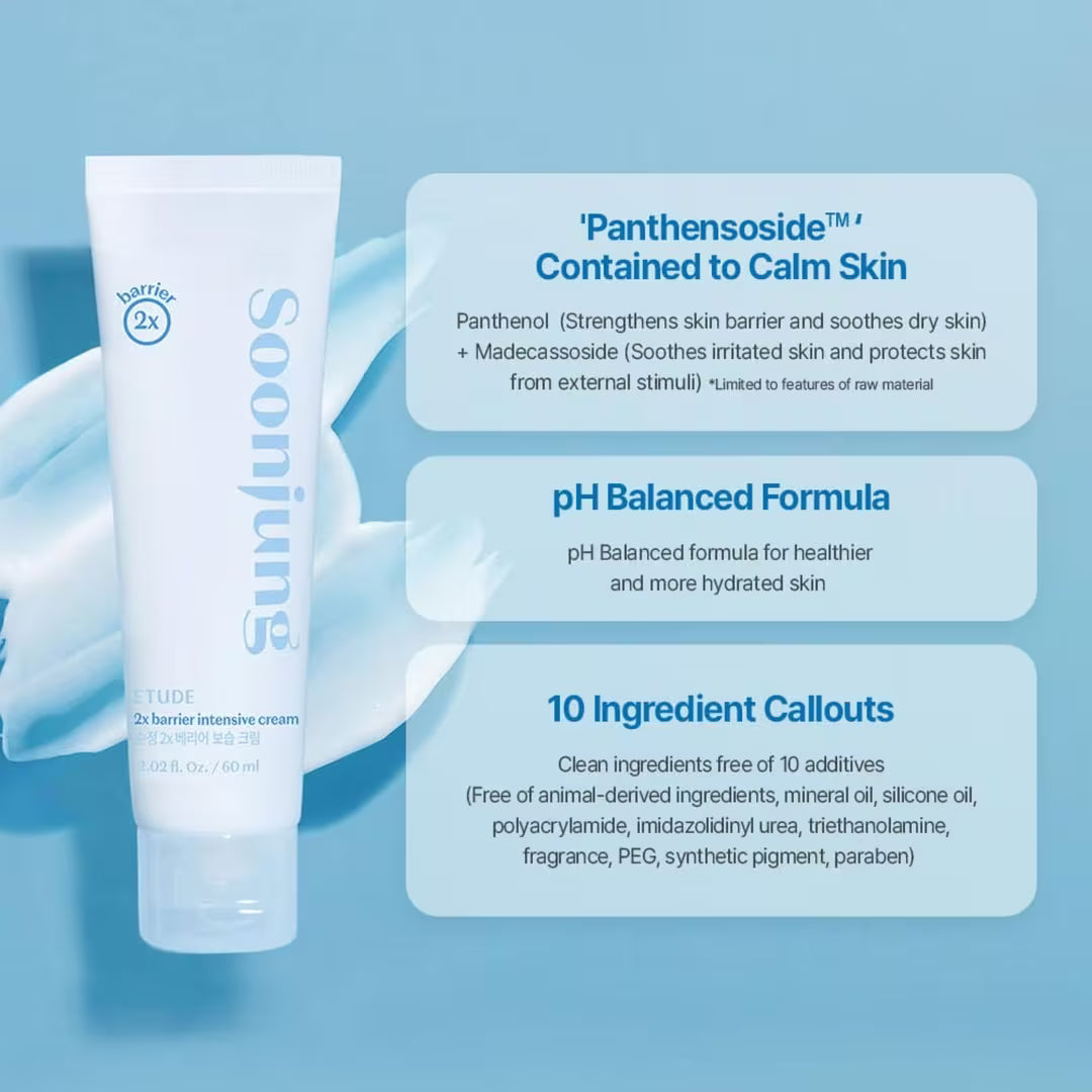 Etude Soon Jung Barrier Cream key ingredients – double Panthenol Madecassoside Sunflower Oil Green Tea Vitamin E barrier repair