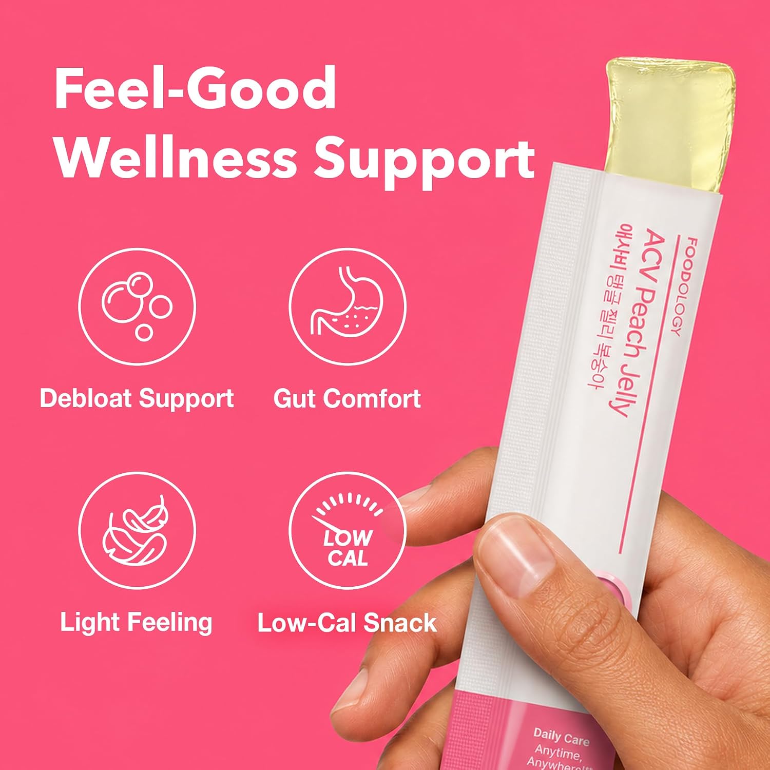 Foodology ACV Jelly Peach stick texture – smooth bouncy jelly peach flavor tear squeeze eat Korean K-wellness