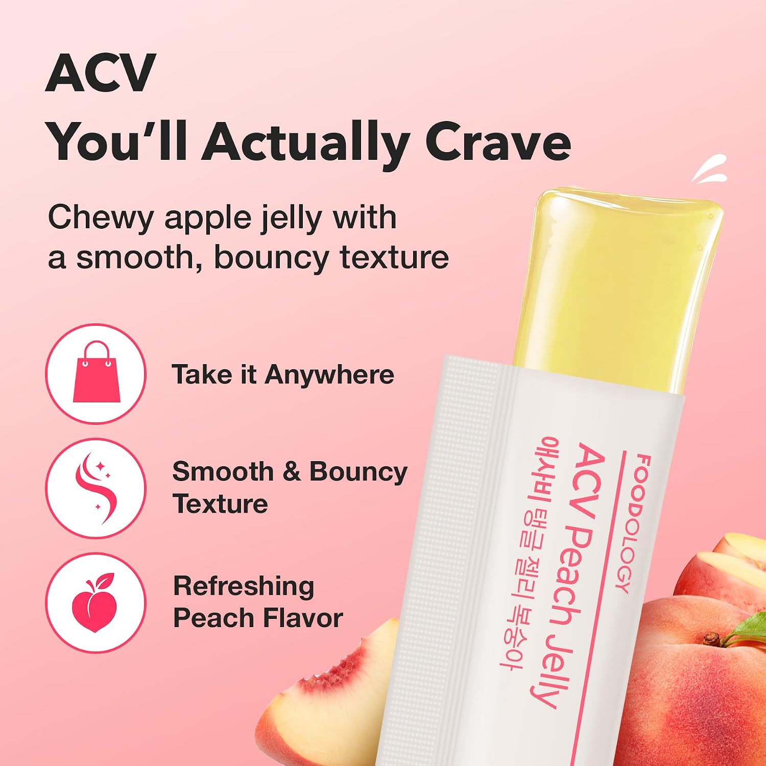 Foodology ACV Jelly Peach gut health – prebiotic FOS Kombucha digestion bloating microbiome balance Korean ACV