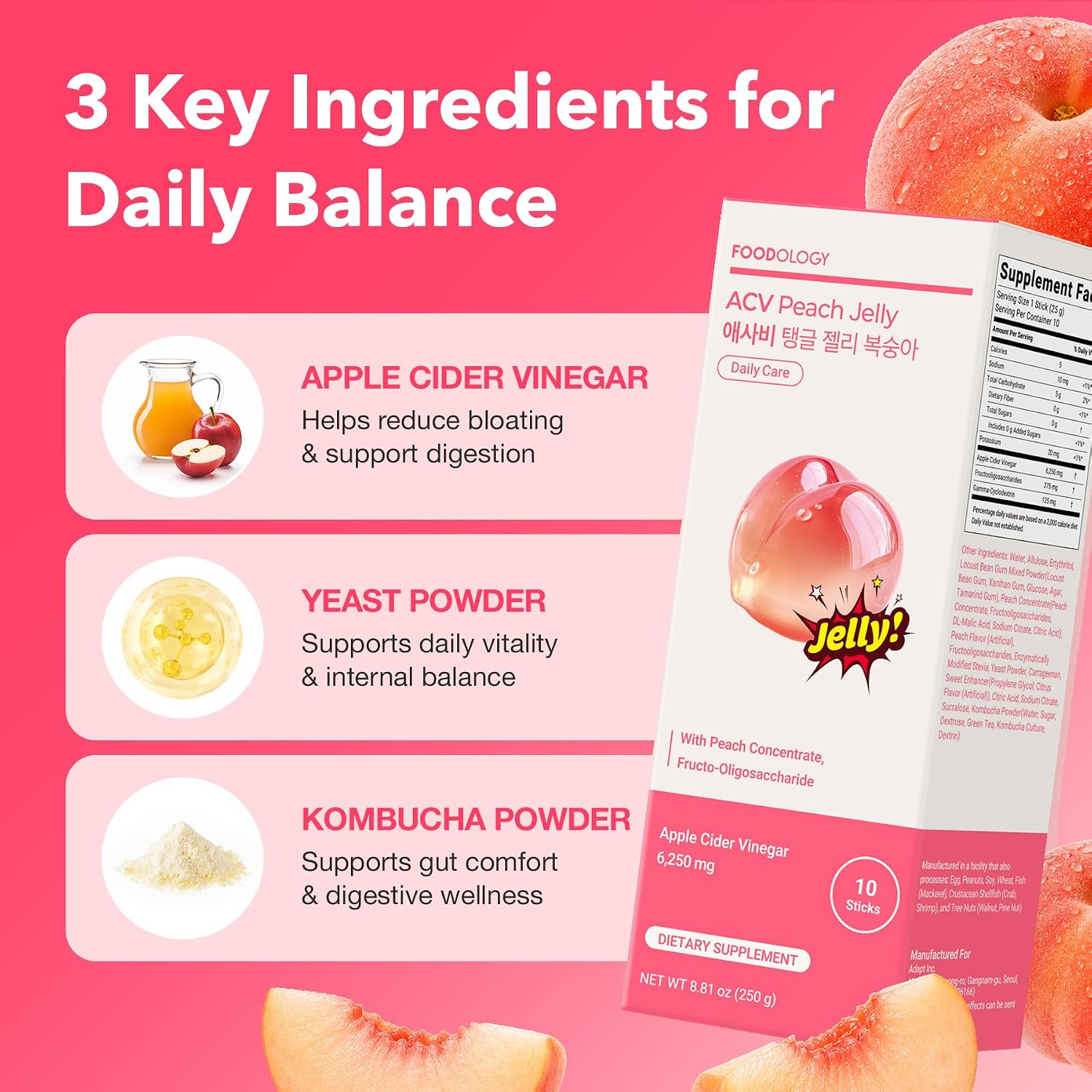 Foodology ACV Jelly Peach zero sugar – Allulose Erythritol Stevia low calorie gluten-free clean formula Korean