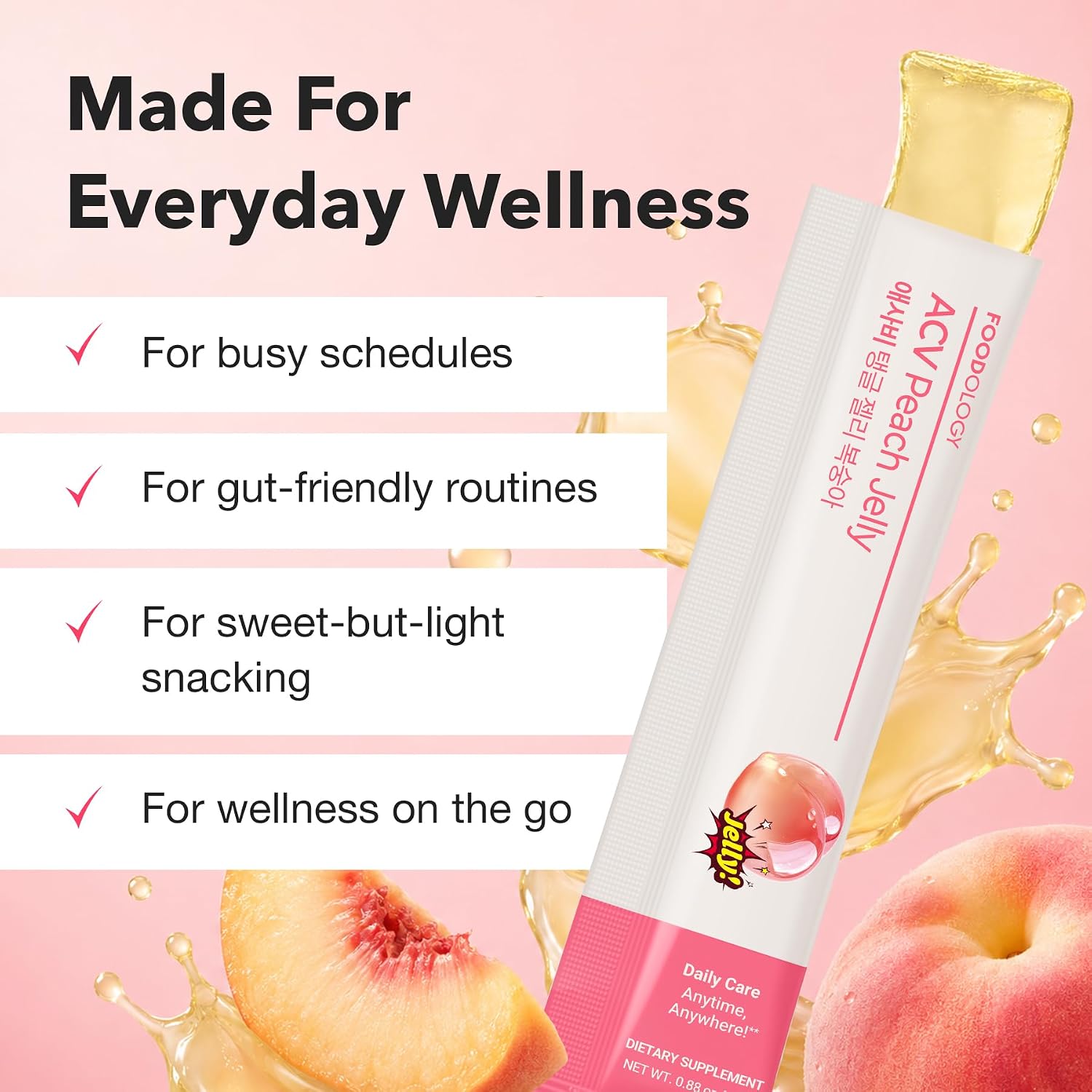 Foodology ACV Jelly Peach key info – 6250mg ACV 375mg FOS prebiotic Kombucha Powder gut health Korean wellness
