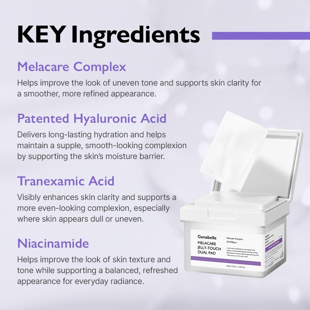 Genabelle Melacare Dual Pad ingredients – patented 3-layer HA Pullulan Coptis Japonica hydroxyethyl urea barrier soothing