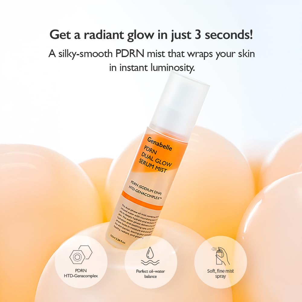 Genabelle Dual Glow Serum Mist bi-phase – shake blend oil water layer milky mist spray 20cm pat absorb morning night mid-day refresh