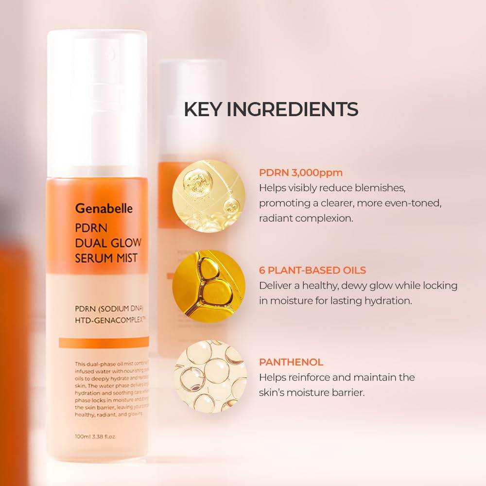 Genabelle Dual Glow Mist 9 HA types 6 plant oils – sunflower soybean jojoba avocado safflower annatto barrier nourish non-greasy dewy