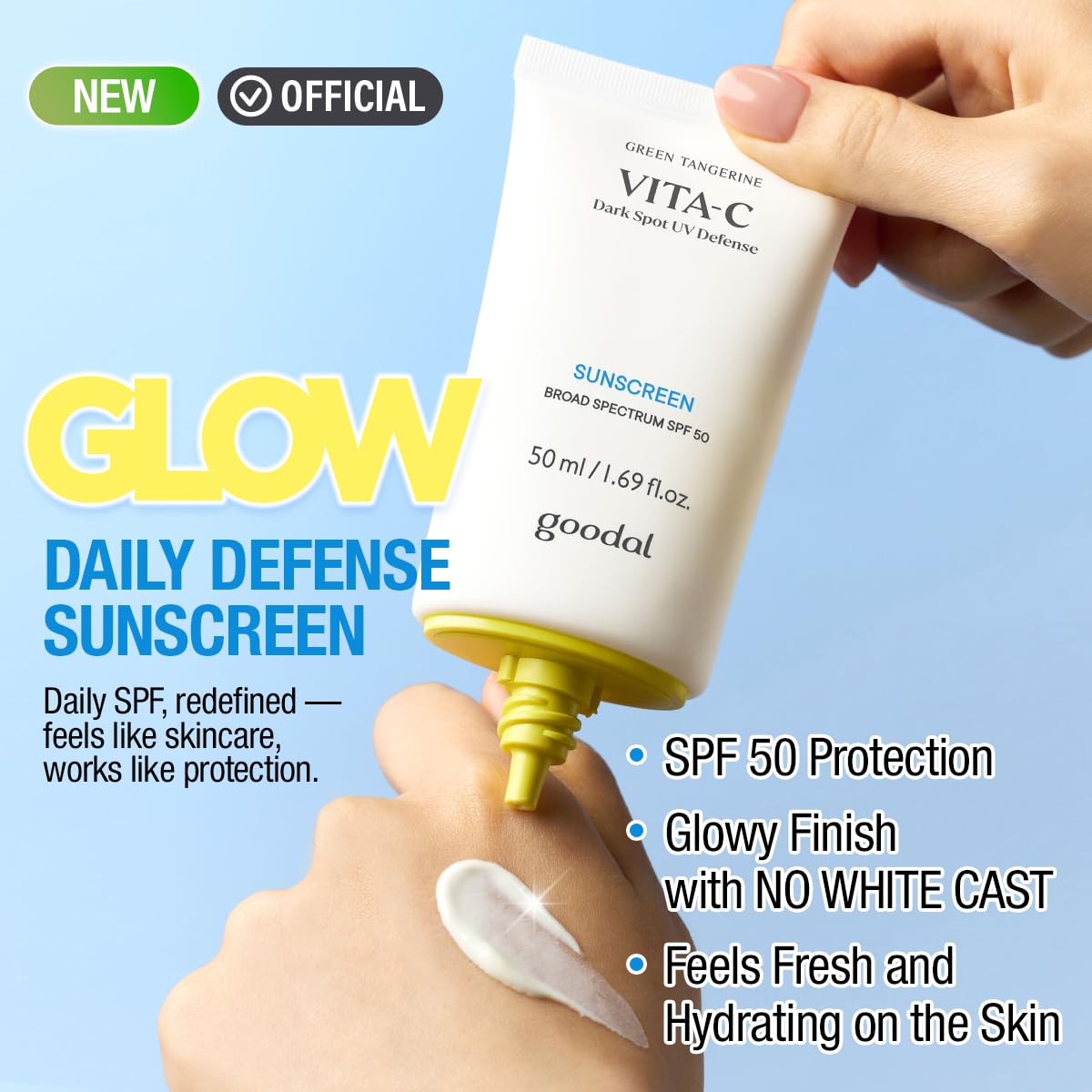 Goodal Green Tangerine Sunscreen texture – lightweight non-greasy no white cast layers under makeup all skin tones daily SPF 50 K-beauty