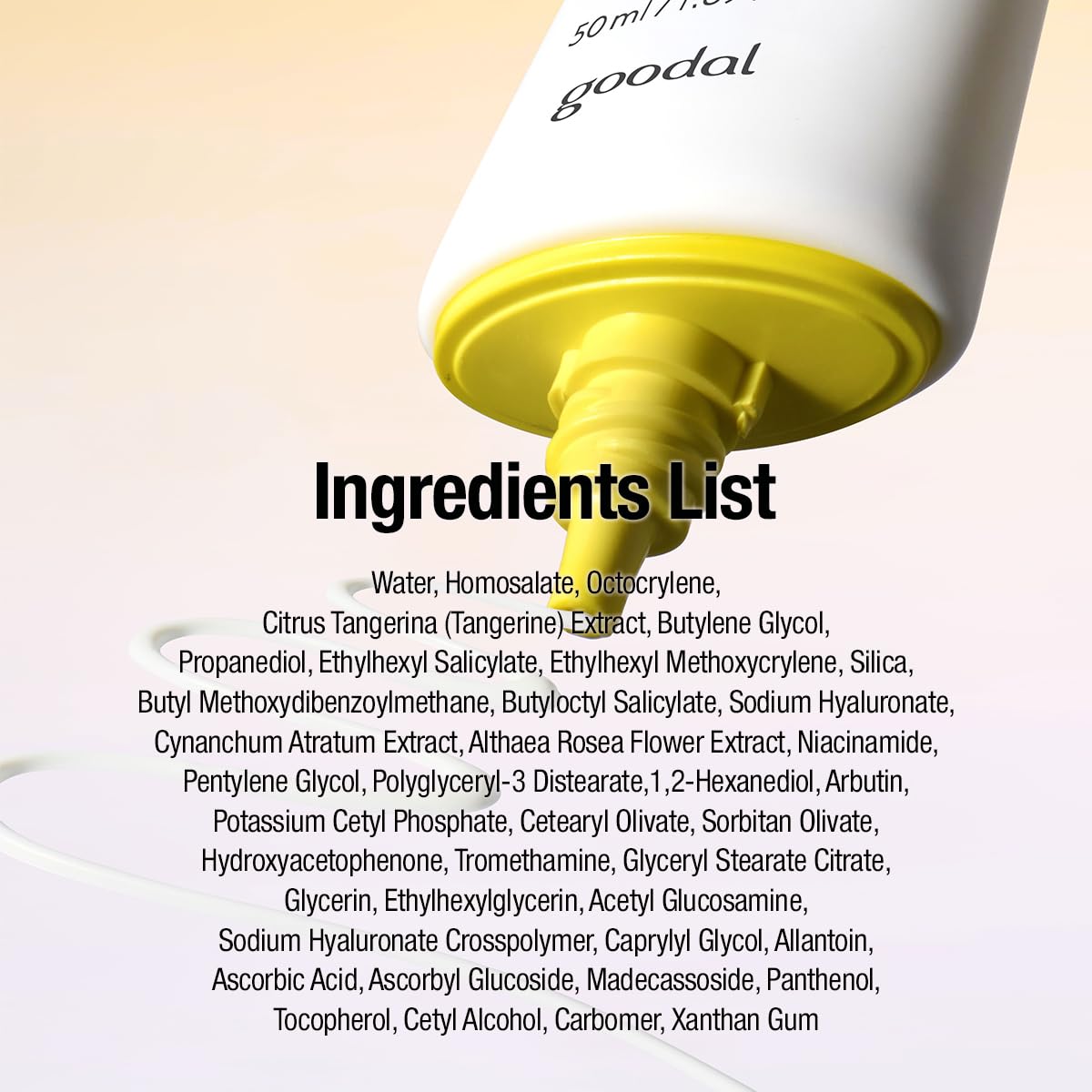 Goodal Green Tangerine Sunscreen ingredients – tangerine extract first ingredient niacinamide HA arbutin madecassoside allantoin adenosine