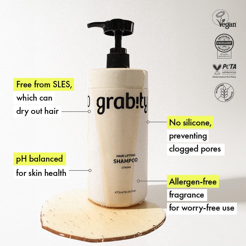 Grabity Shampoo Strong key features – 40% volume increase 48-hour lasting patented LiftMax308 polyphenol SLES-free Korean