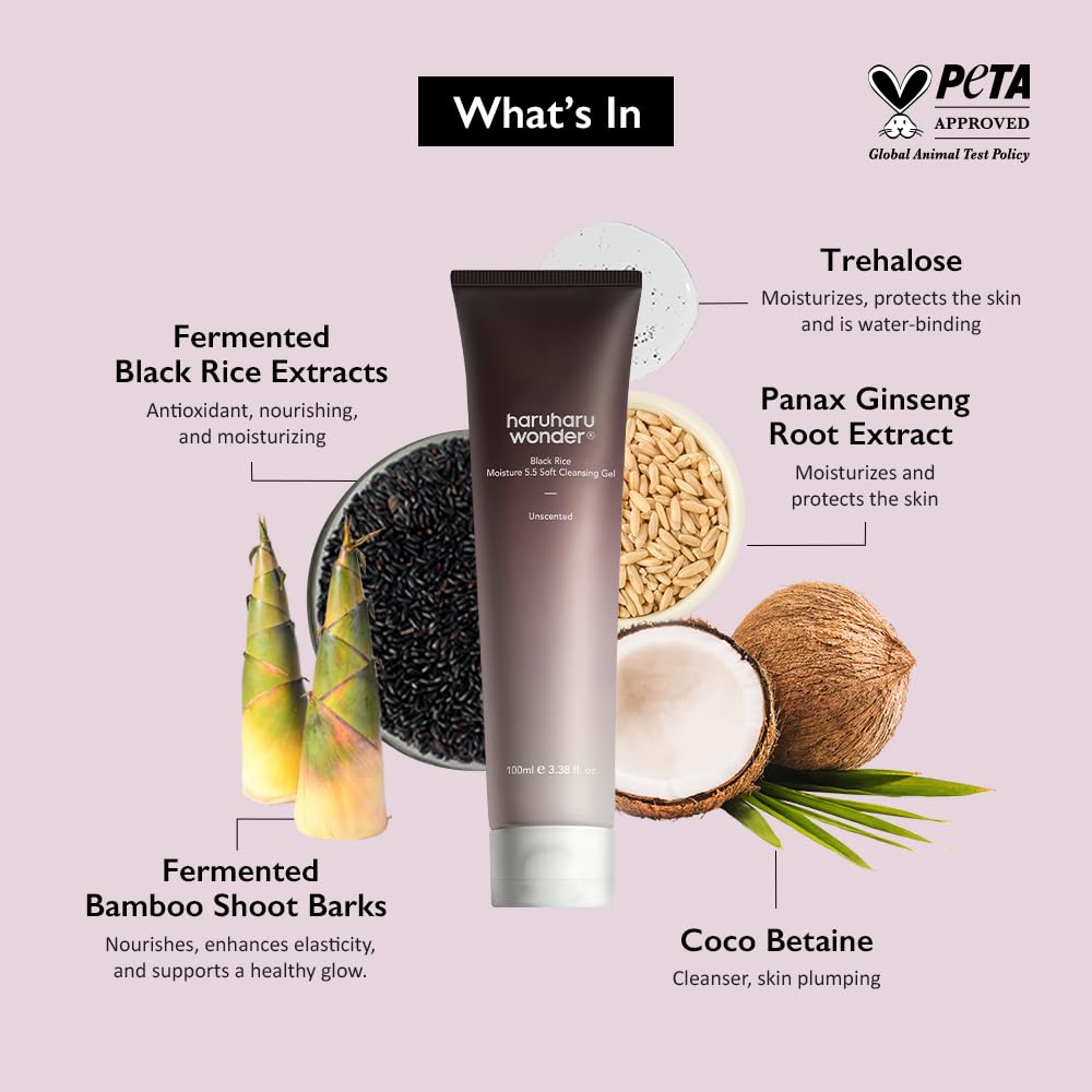 Haruharu Black Rice 5.5 Cleansing Gel how to use – wet hands massage 30 seconds lather rinse lukewarm morning routine