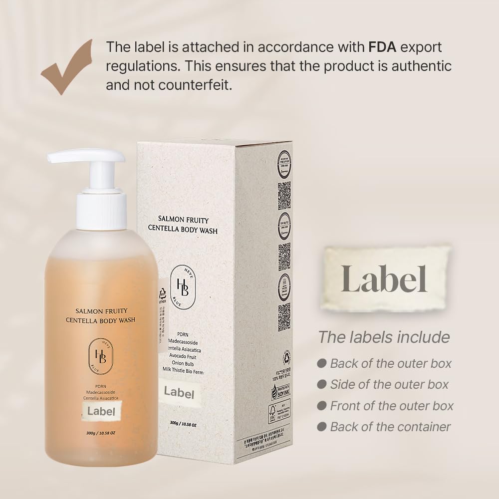 Heveblue Salmon Fruity Centella Body Wash bottle and pump