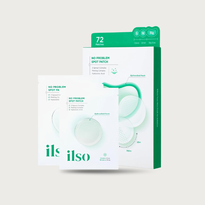 ILSO No Problem Spot Patch 72 patches – Korean hydrocolloid acne patch 3 sizes salicylic acid 6 HA 3-Sprout Complex white dot indicator $12