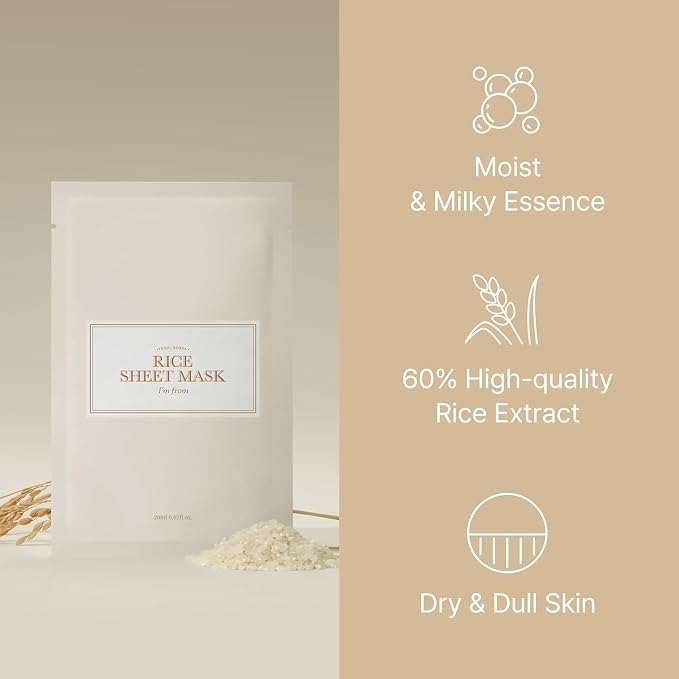 I'm From Rice Sheet Mask niacinamide brightening – dark spots even tone adenosine fine lines licorice root calm redness post-acne marks dull