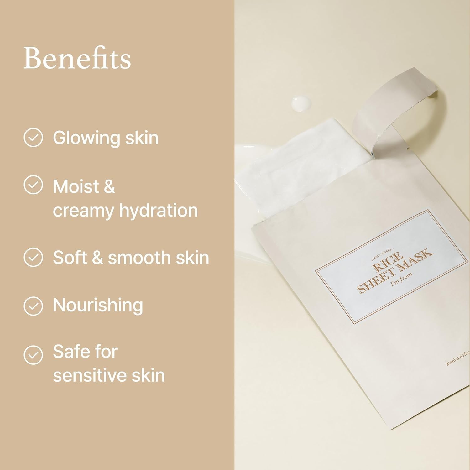 I'm From Rice Sheet Mask texture – milky white rice essence soaked sheet smooth dewy glow radiant skin after use brightening K-beauty