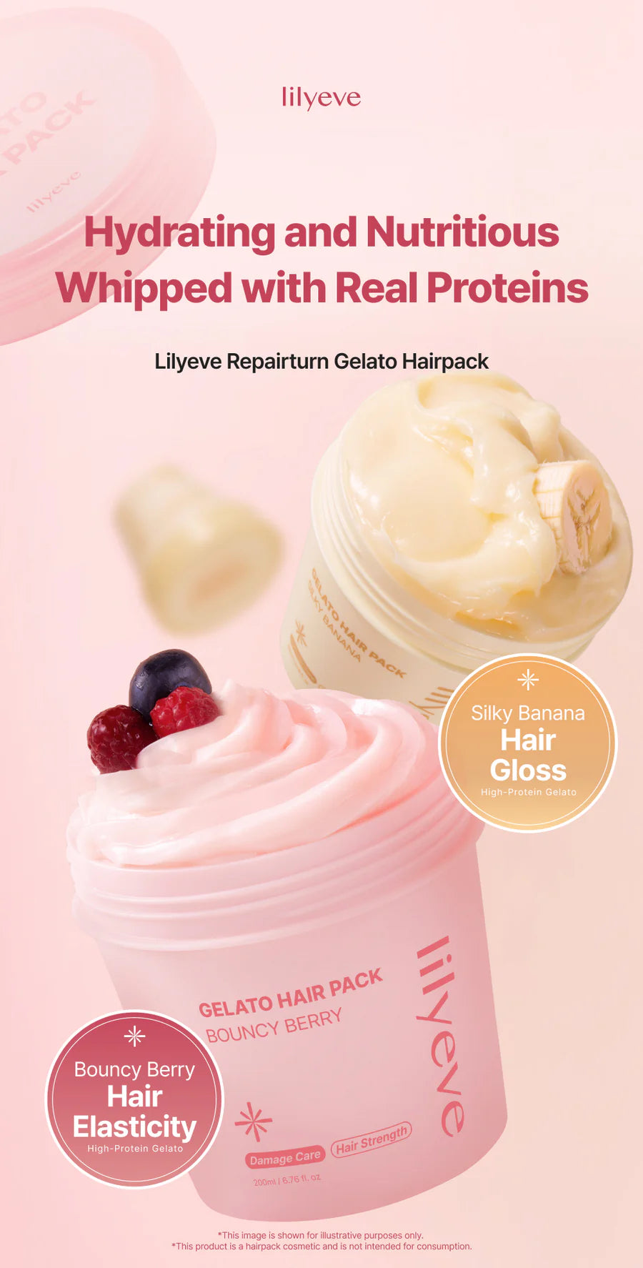 Lilyeve Gelato Hair Pack Silky Banana texture – gelato press firmly towel-dried hair proteins penetrate 3 min rinse 32% softer clinical