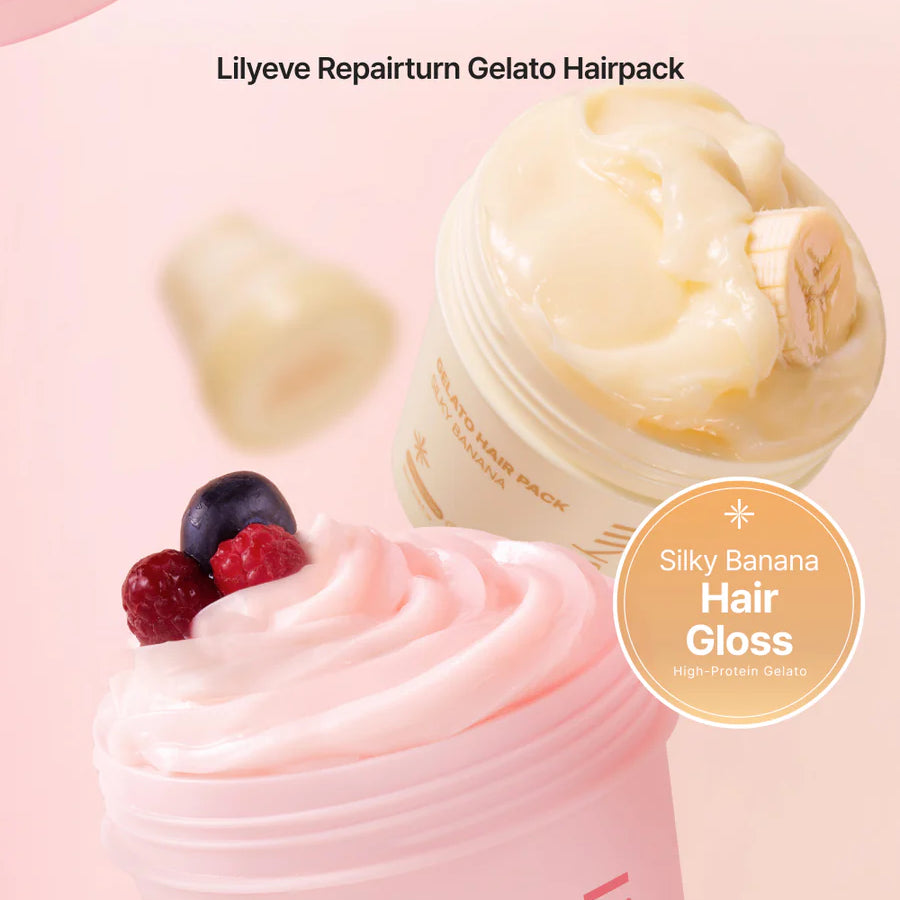 Lilyeve Gelato Hair Pack Silky Banana texture – gelato press firmly towel-dried hair proteins penetrate 3 min rinse 32% softer clinical
